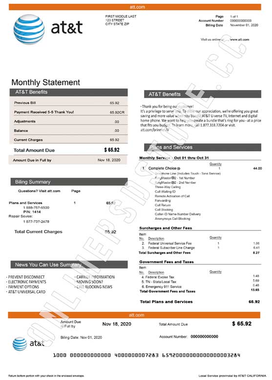 Downloadable Fake At&T Bill Template