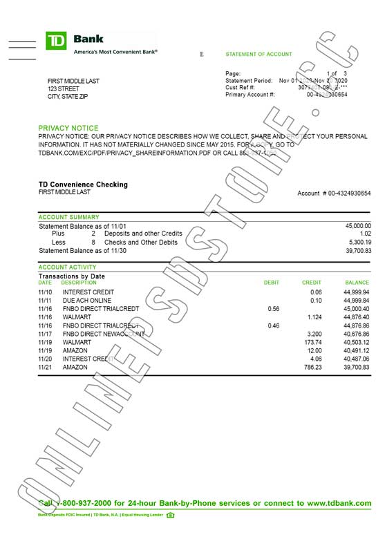 TD Bank Statement USA Download new editable PSD templates